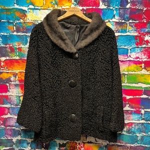 Vintage Curly Lamb Black Fur Coat With Fur Collar 60s 70s